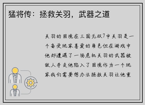 猛将传：拯救关羽，武器之道