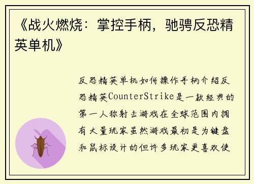 《战火燃烧：掌控手柄，驰骋反恐精英单机》